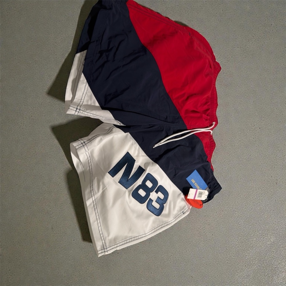 Red, Blue, and White N83 Swim Shorts